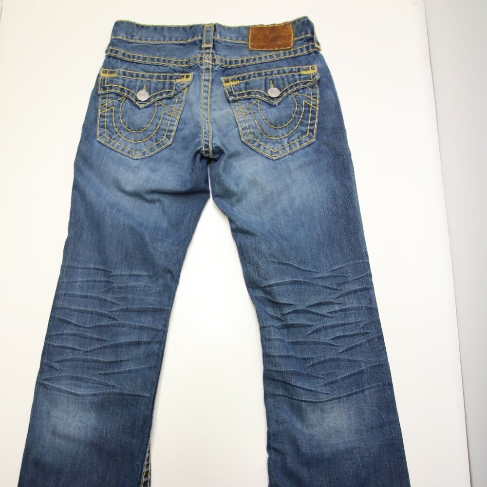 True Religion Billy Super T Thick Stitch Blue Jeans Mens 31 USA Fades Flap Boot
